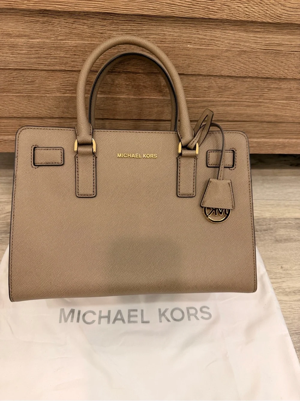 Michael Kors Taupe Saffiano Leather Satchel with Gold Hardware